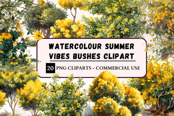 Bring Sunshine to Your Designs with Watercolour Summer Vibes Bushes Clipart