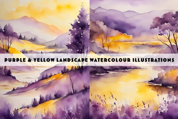 Embrace Serene Contrast with Purple and Yellow Landscape Watercolour