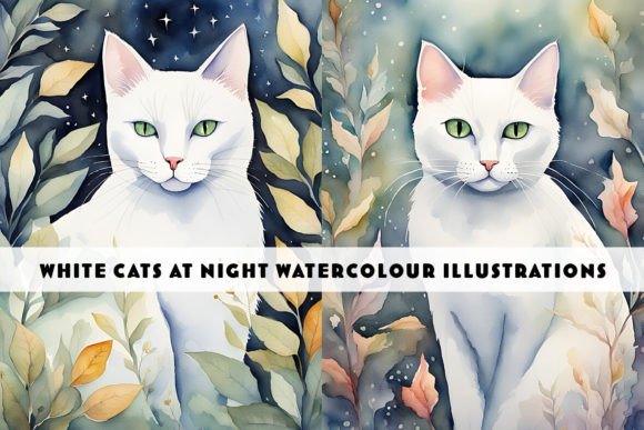 White Cat Watercolour Illustrations: A Charming Design Asset